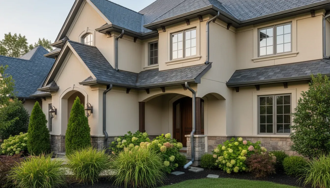 beautiful home with black gutter system