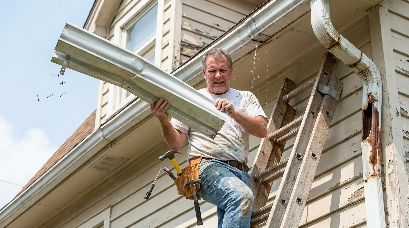 Homeowner struggling on a ladder while attempting a DIY gutter installation with a bent gutter piece and falling tools. Homeowner struggling on a ladder while attempting a DIY gutter installation with a bent gutter piece and falling tools.