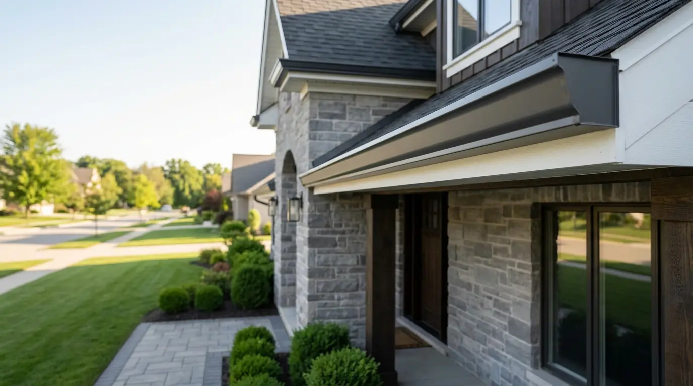 Seamless aluminum gutters along a home’s roofline, enhancing curb appeal and long-term value.